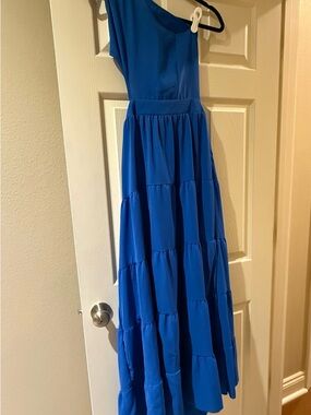 Blue One-Shoulder Tiered Maxi Dress